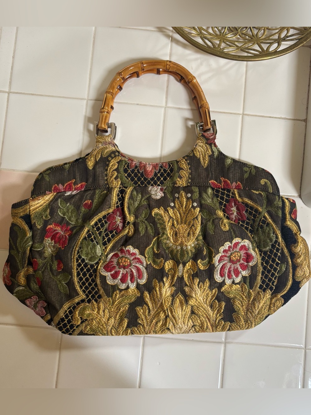 Vintage Talbots Embroidered Floral Tote with Bamboo Handles - Black, Gold, Red